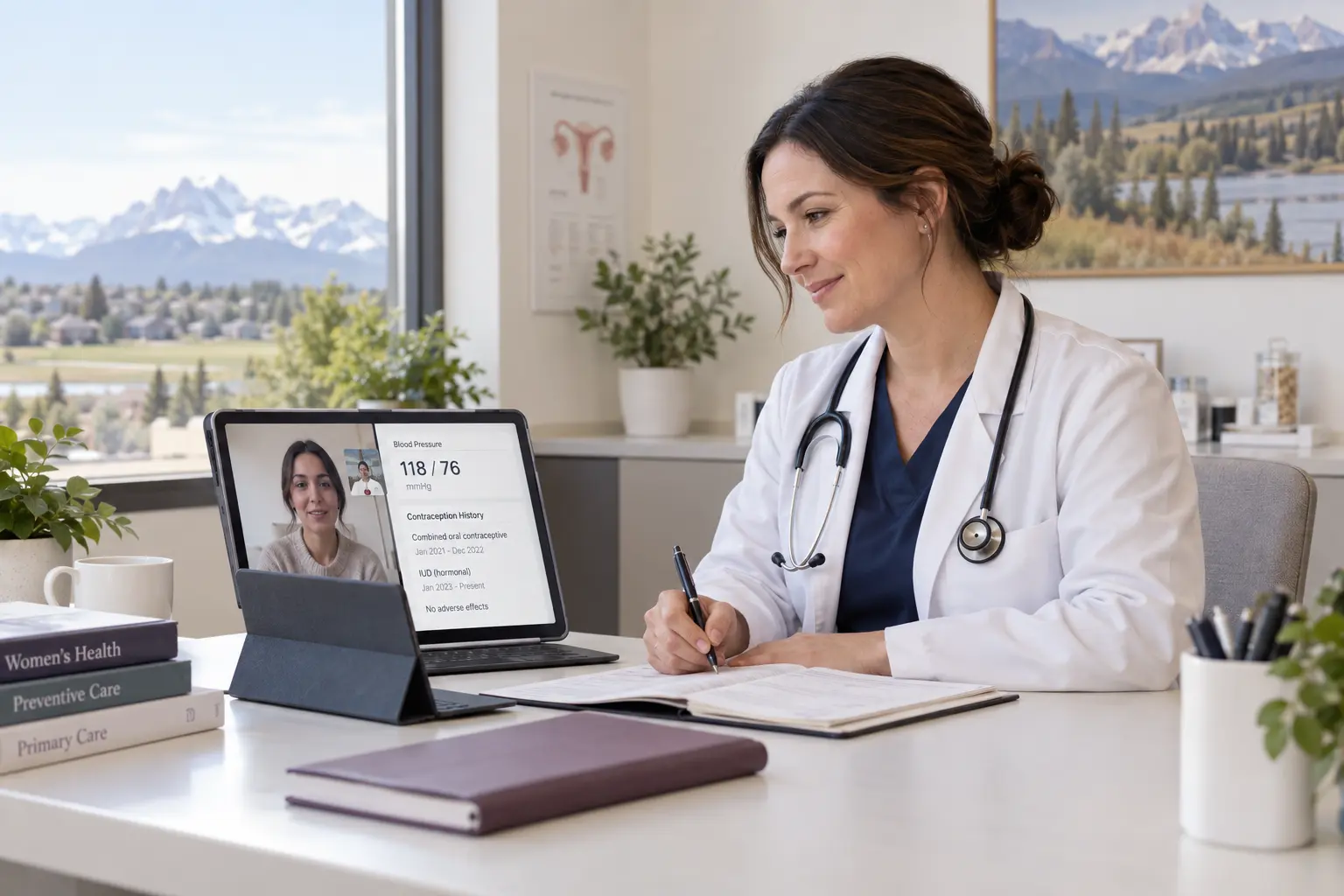 Doctor completing a birth-control safety assessment for a patient in Airdrie