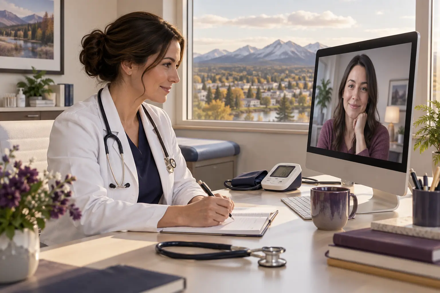 Doctor completing a birth-control safety assessment for a patient in Okotoks