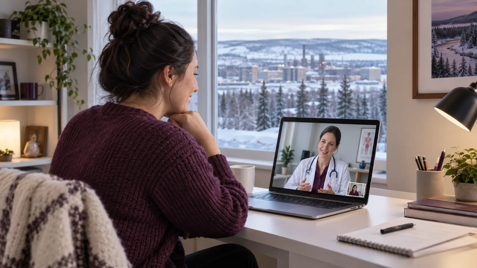 Fort McMurray patient meeting a Canadian-licensed doctor by secure video