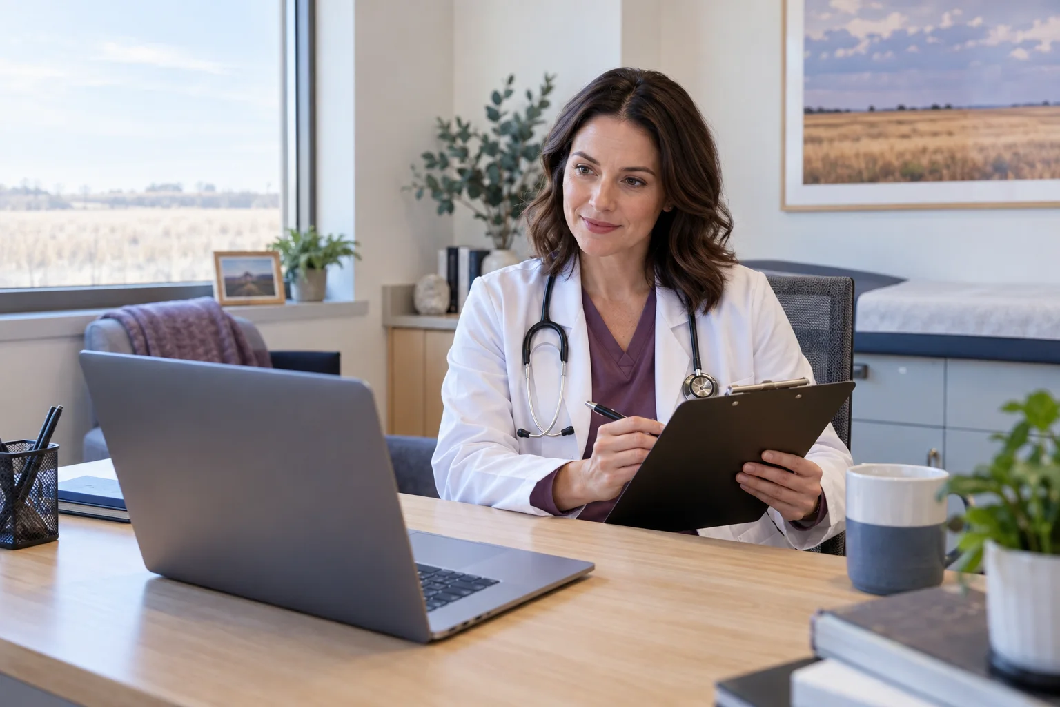 Doctor reviewing a Hay Lakes patient's symptoms and absence dates
