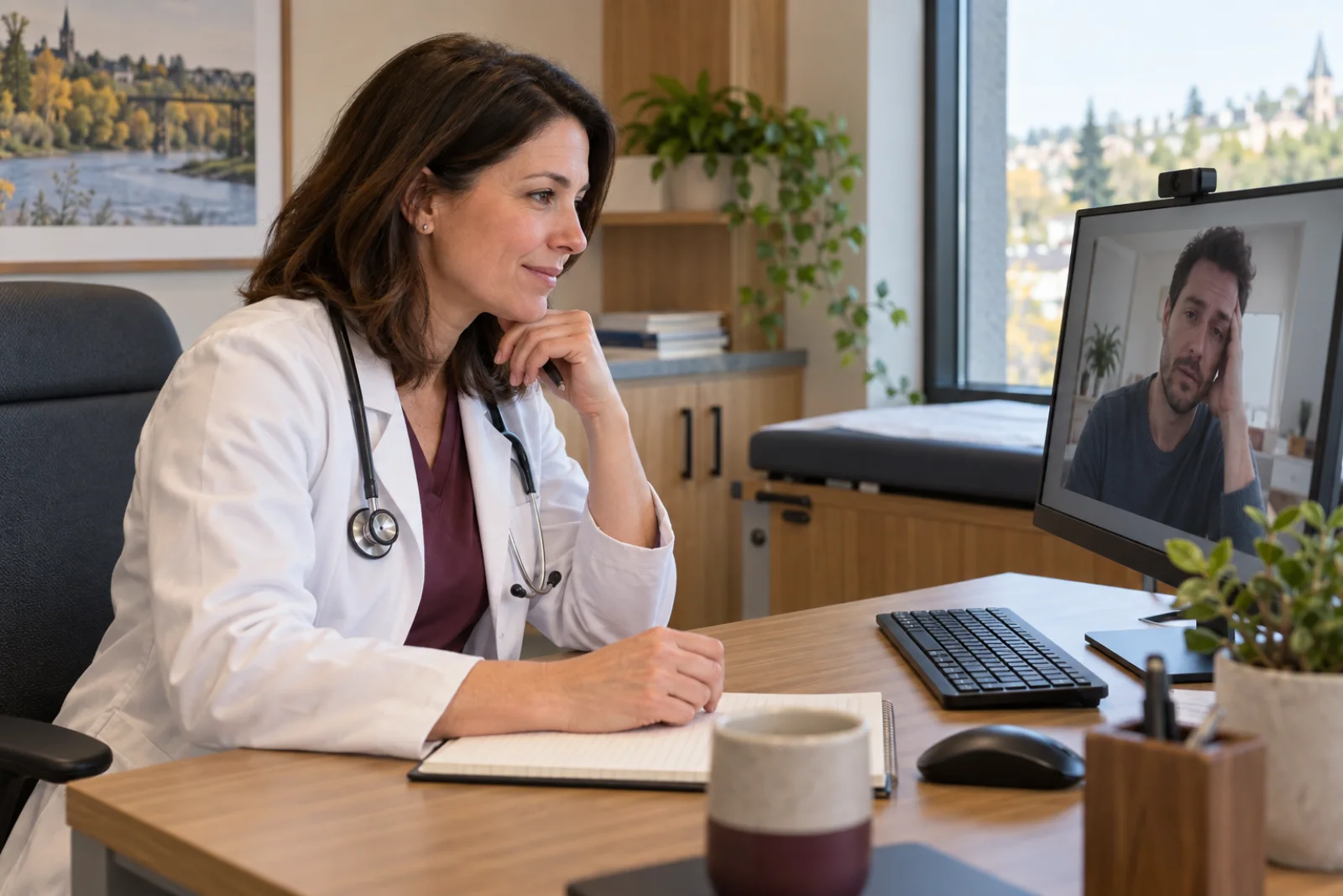 Canadian doctor assessing a St. Albert patient by video before deciding on a doctor's note