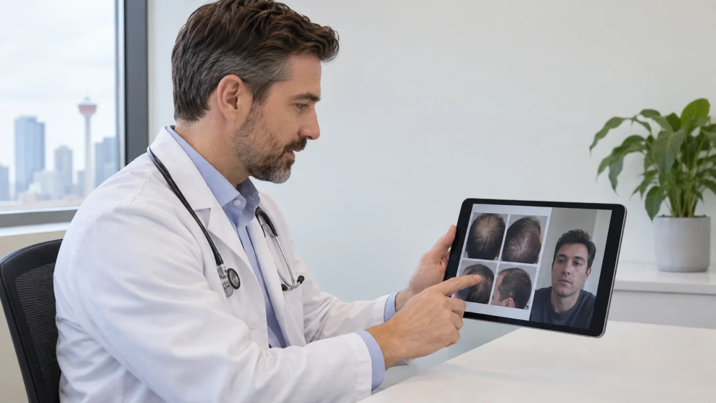 Doctor reviewing hair-loss photos for a Calgary patient