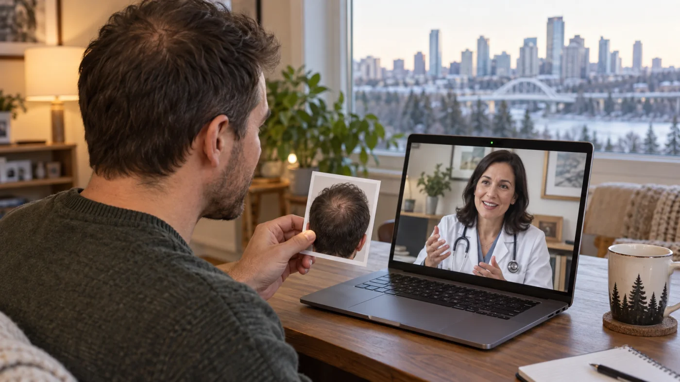 Edmonton patient speaking with a doctor during a hair-loss follow-up