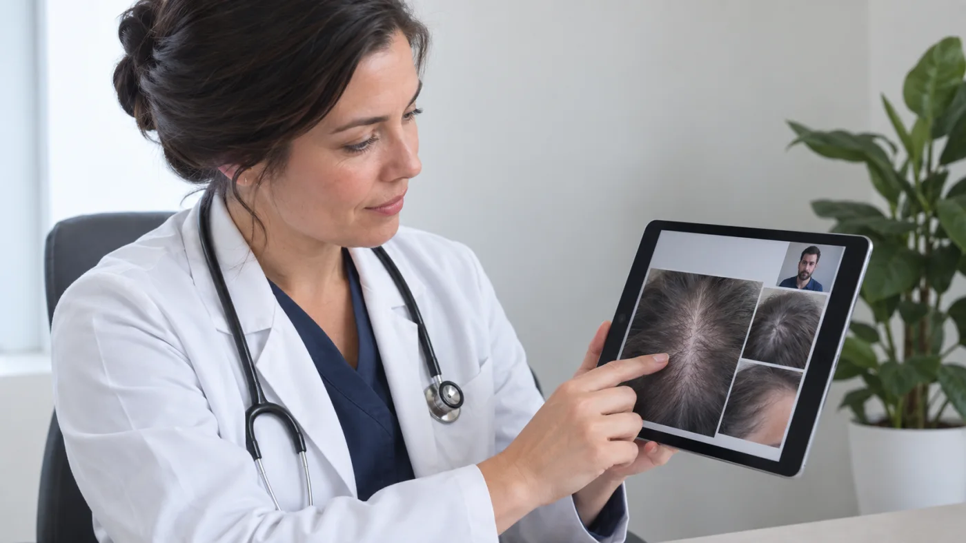 Doctor reviewing hair-loss photos for an Edmonton patient
