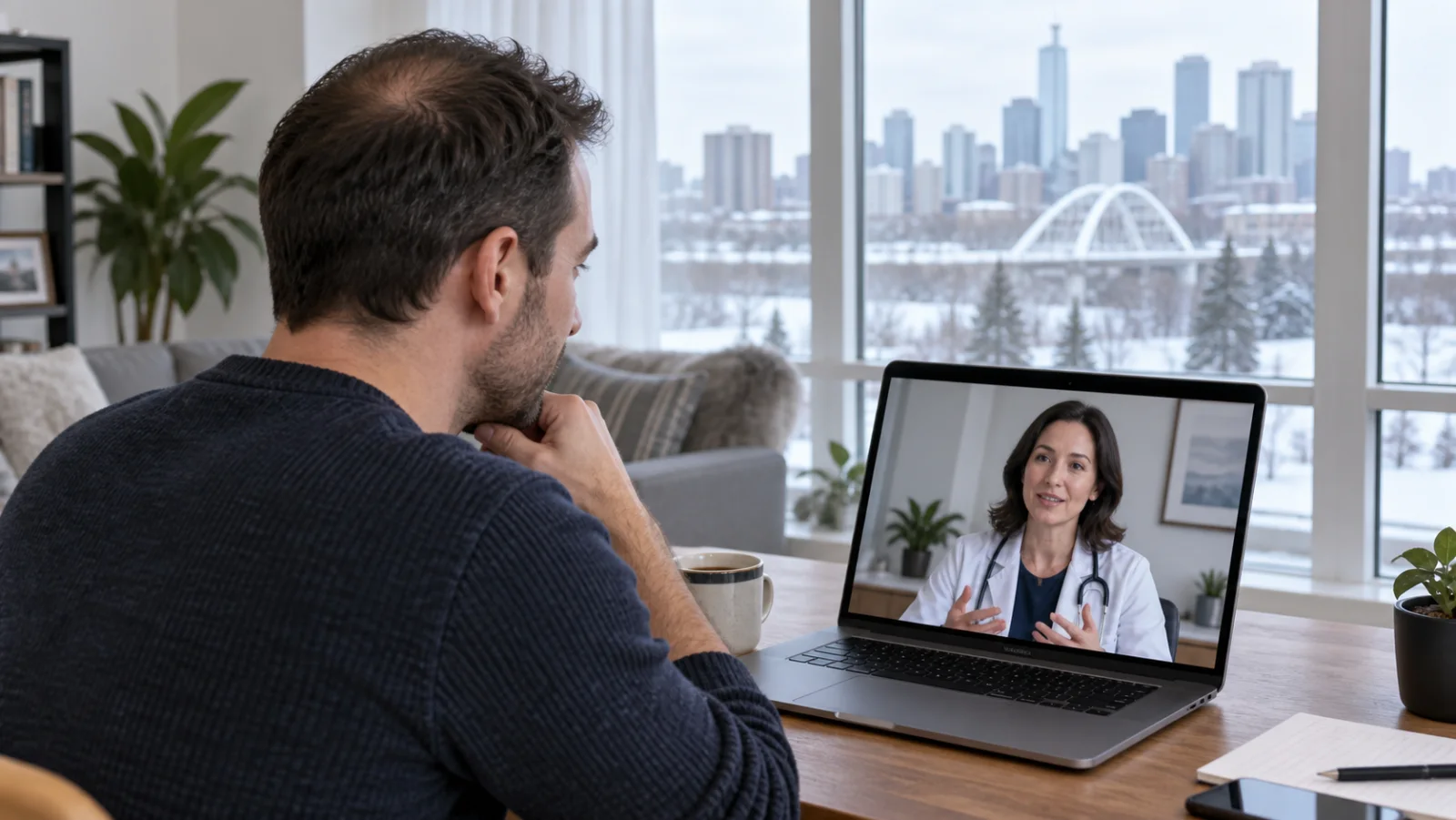 Edmonton patient discussing hair loss with a doctor online