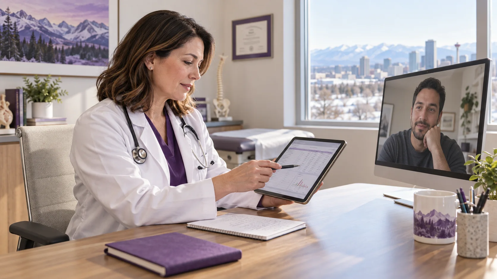 Canadian licensed doctor reviewing Alberta blood-test results with a patient online