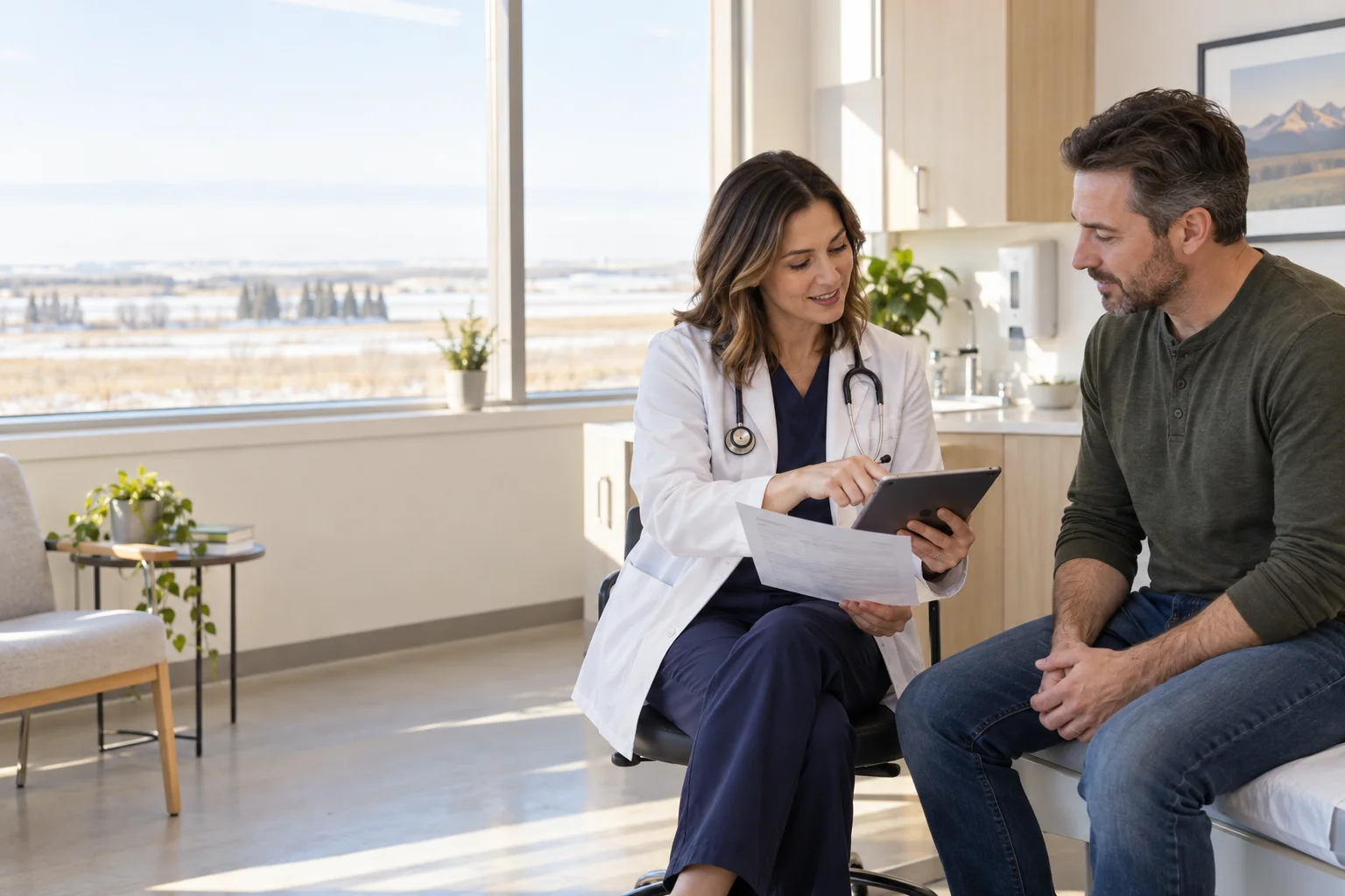 Doctor assessing which blood tests are appropriate for a Leduc patient