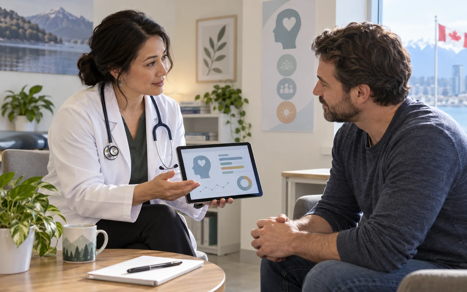 Doctor and Alberta patient discussing a personalized mental-health care plan online