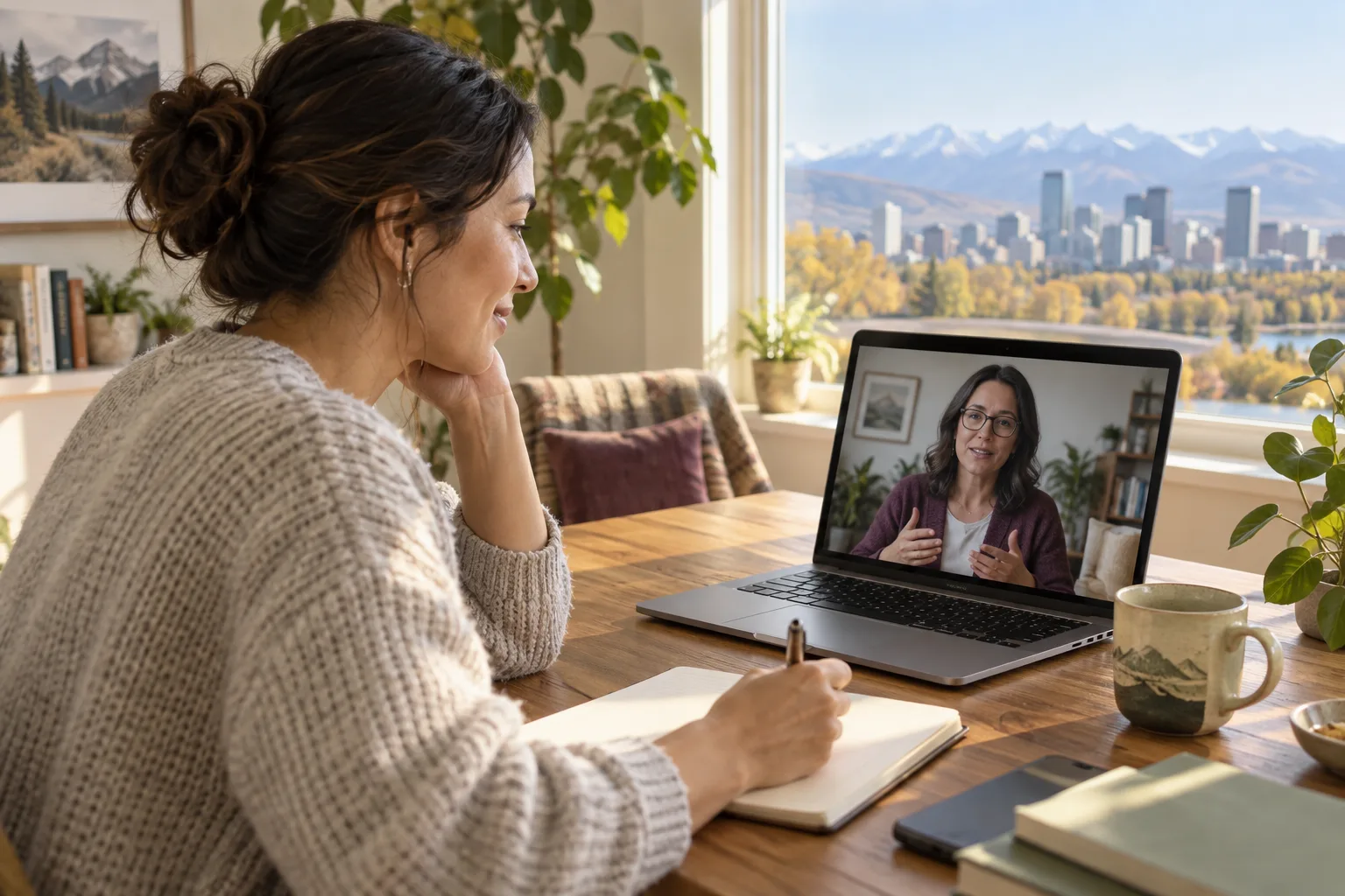 Calgary patient reviewing a practical mental-health plan during an online follow-up