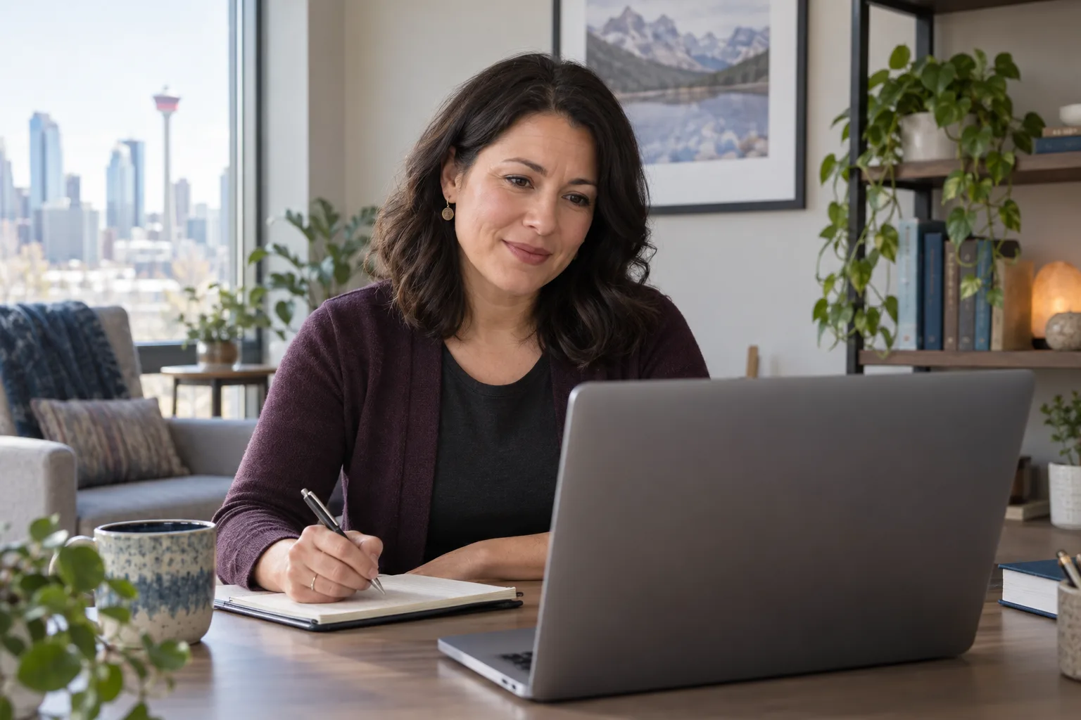 Mental-health provider listening during an online therapy assessment for a Calgary patient