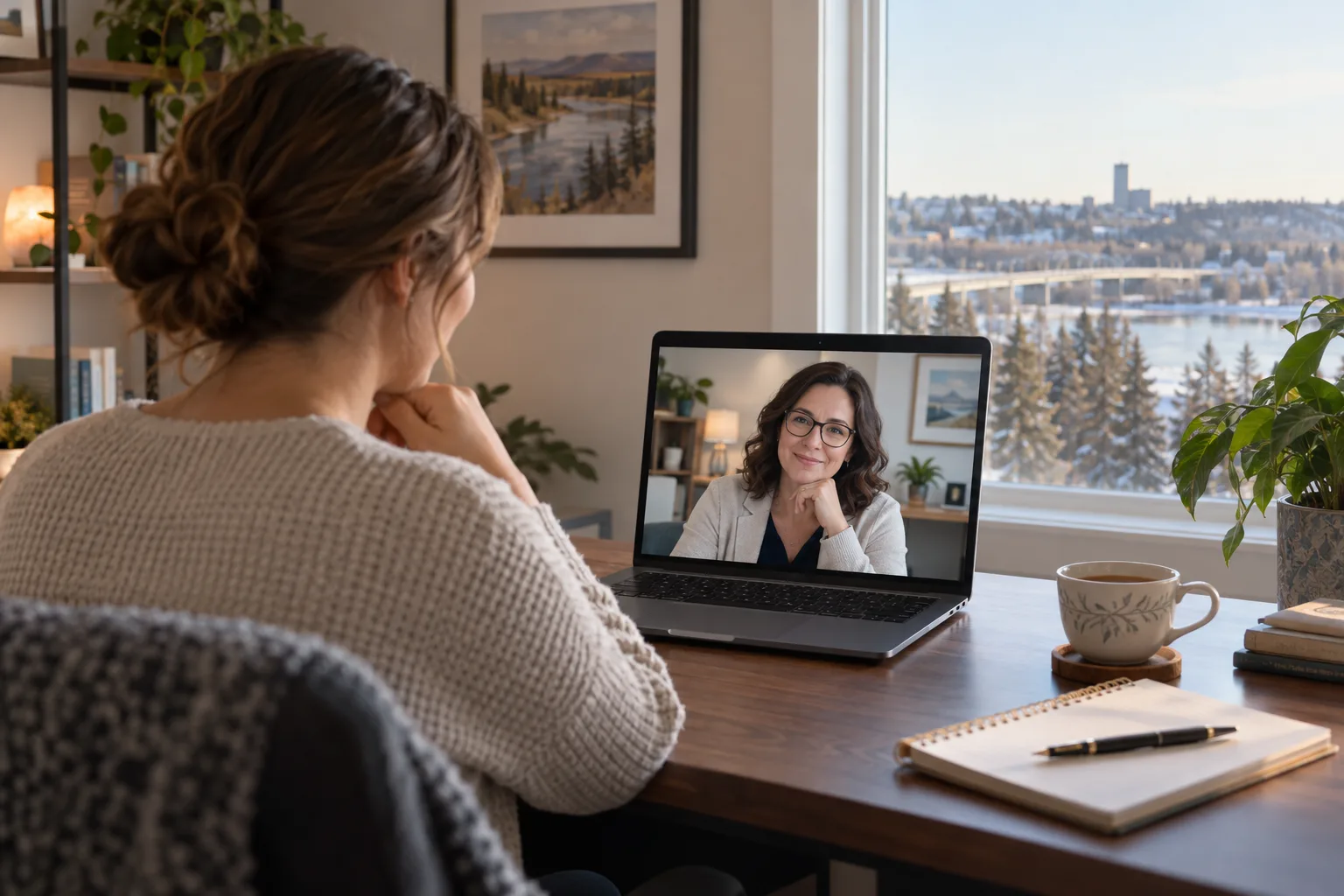 Red Deer patient speaking with a Canadian-licensed mental-health provider by secure video