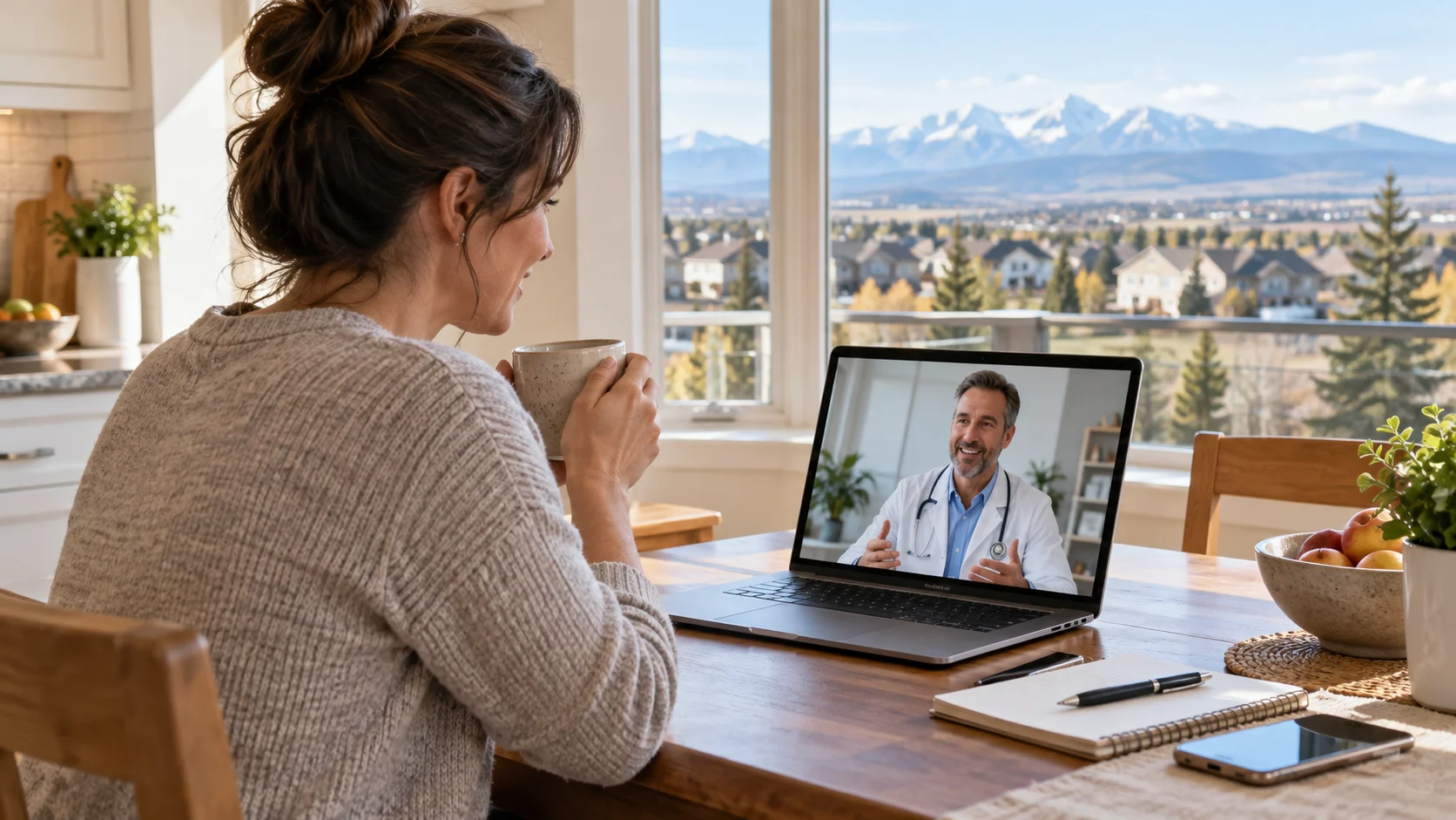 Canadian-licensed doctor conducting an Airdrie virtual consultation