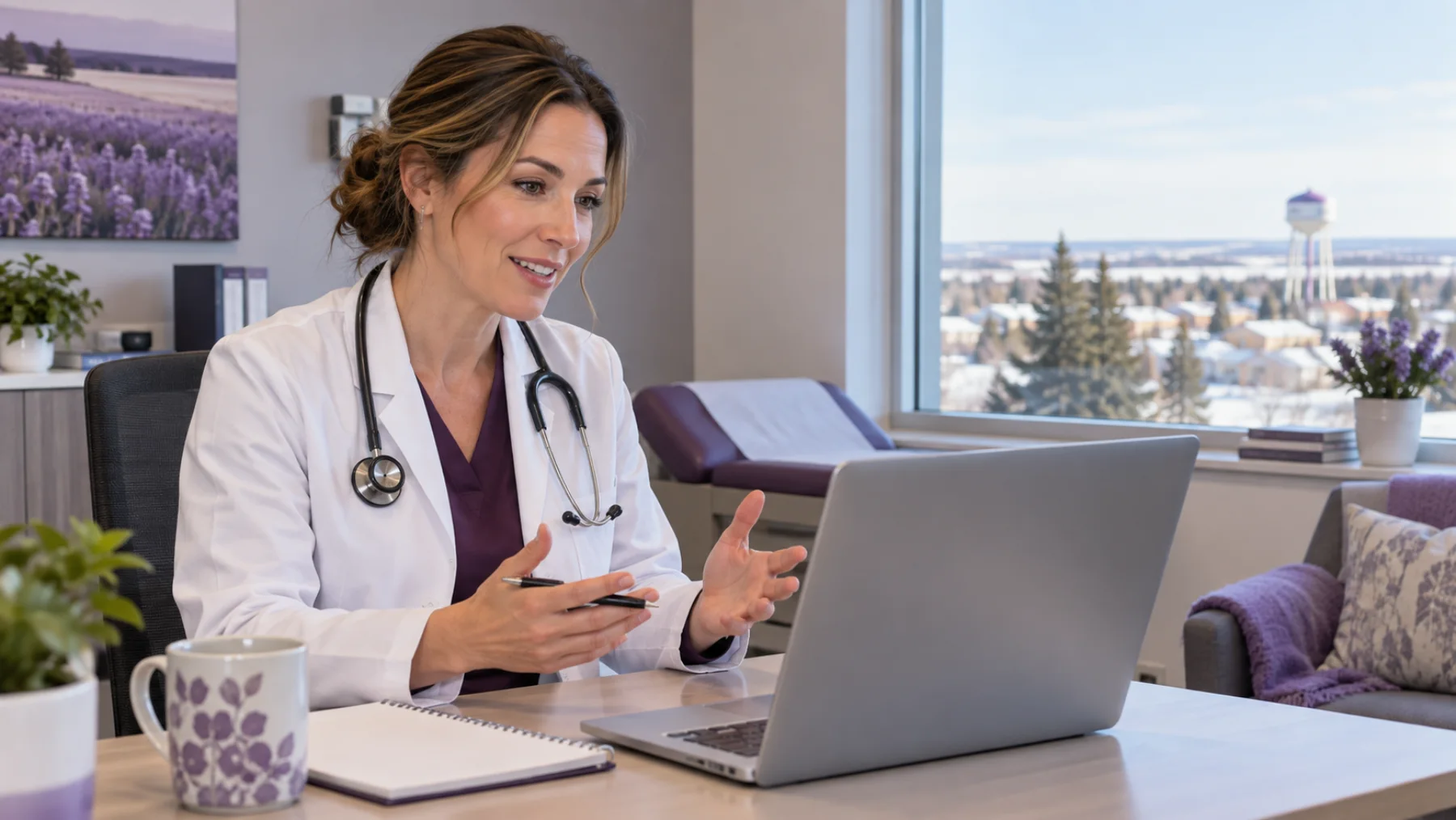 Rural Albertan discussing migraine prevention with a doctor over a video call