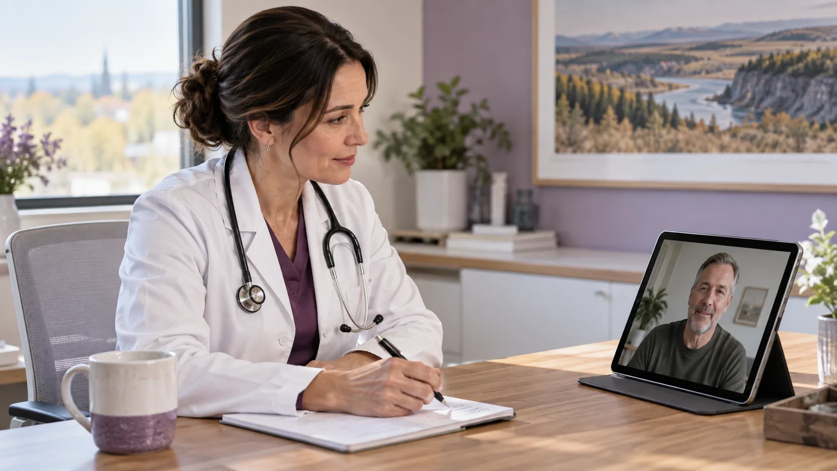 Canadian-licensed doctor conducting a Red Deer virtual consultation