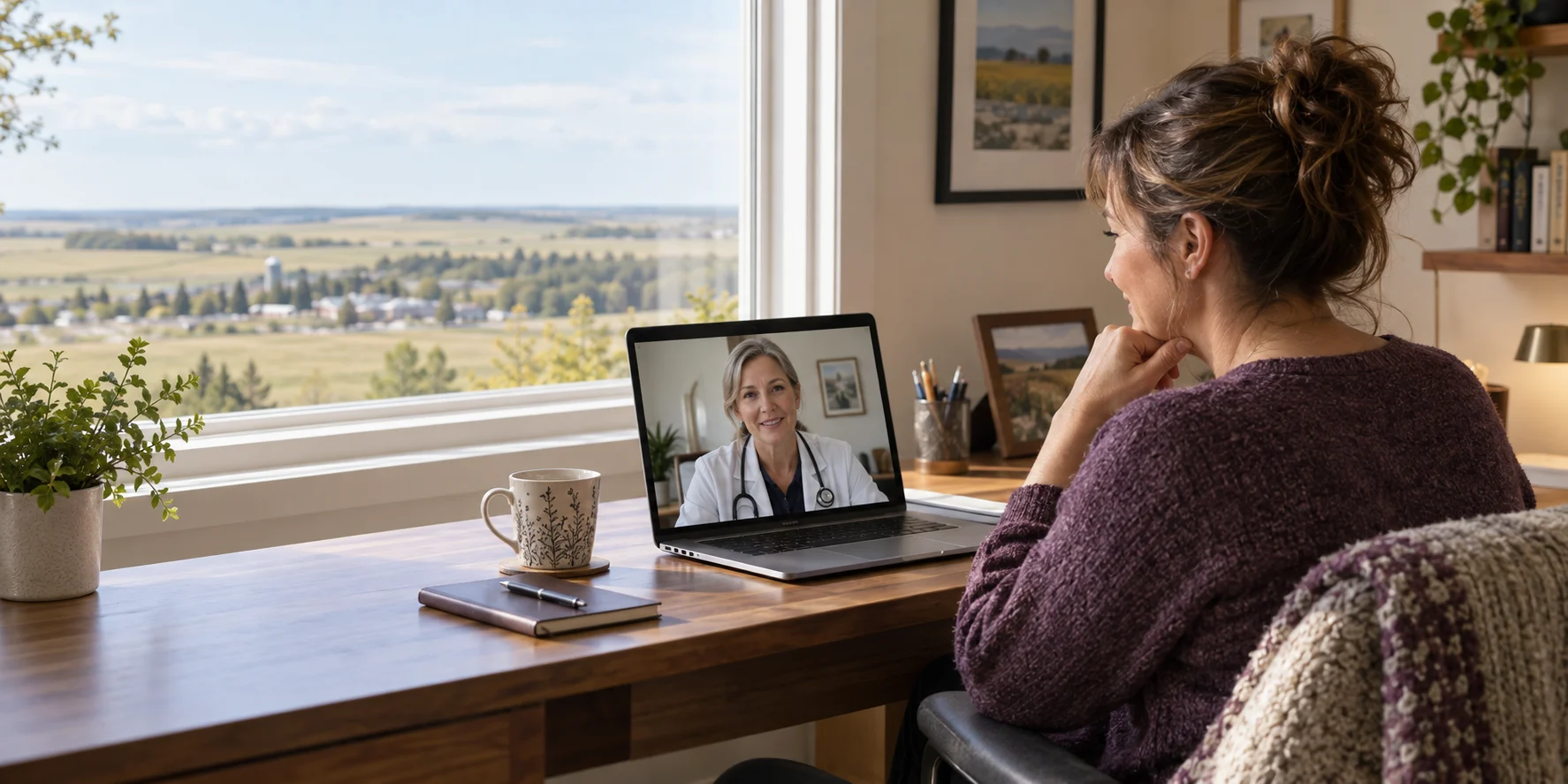 Two Hills patient speaking with a Canadian-licensed doctor online from home