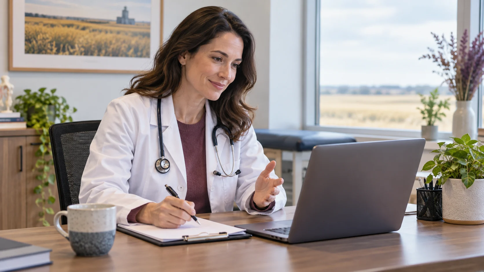 Canadian-licensed doctor reviewing a Two Hills patient's symptoms by video