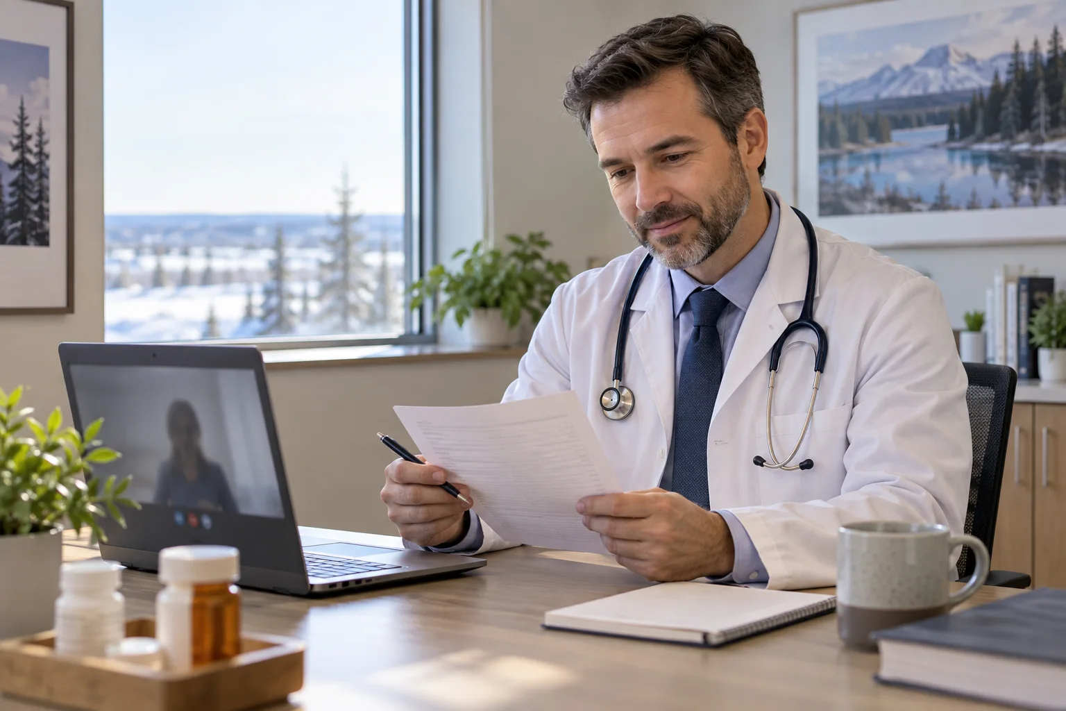 Canadian-licensed doctor reviewing an existing prescription with a Beaverlodge patient
