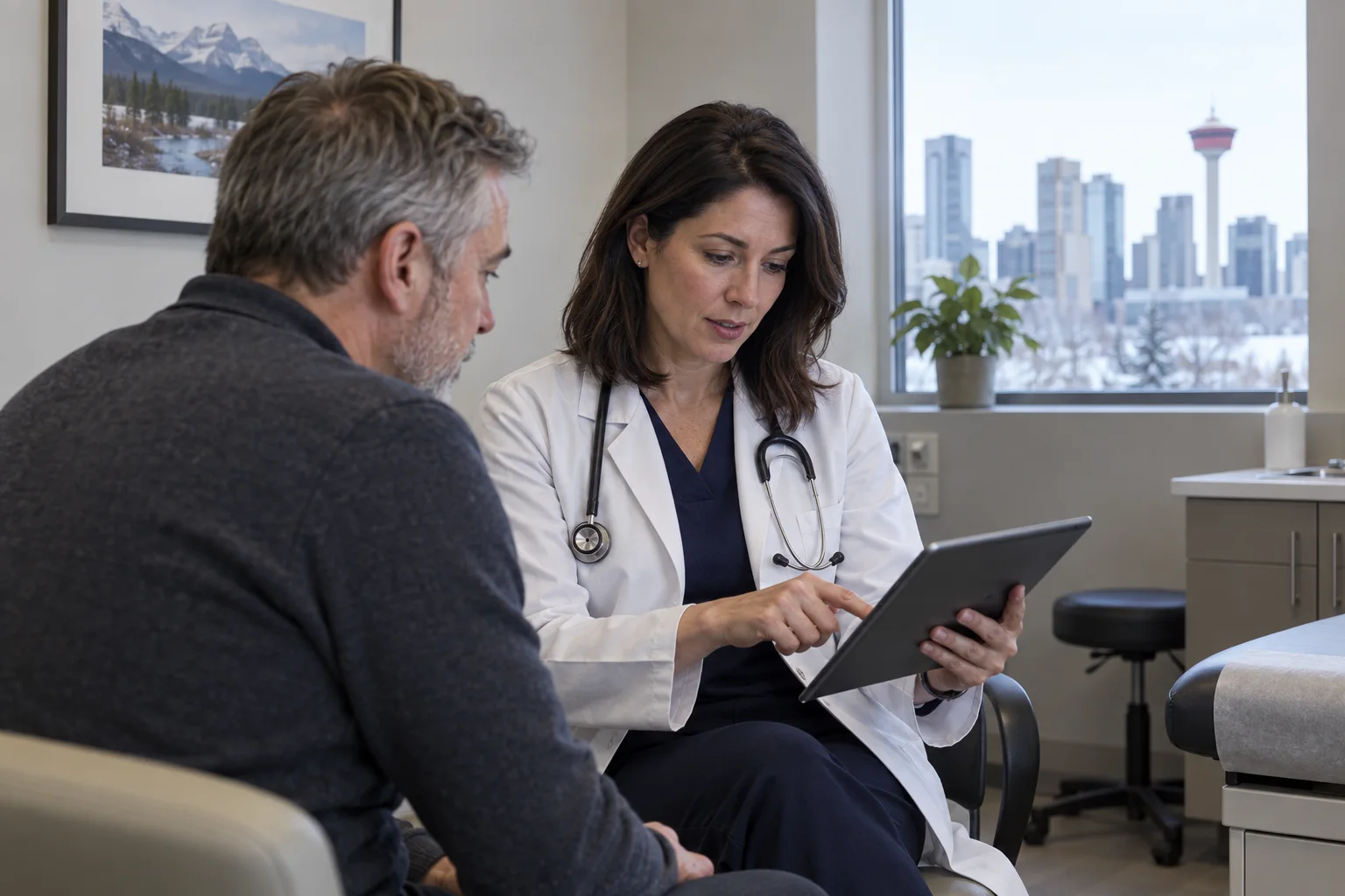 Calgary patient checking medication details before a prescription renewal review
