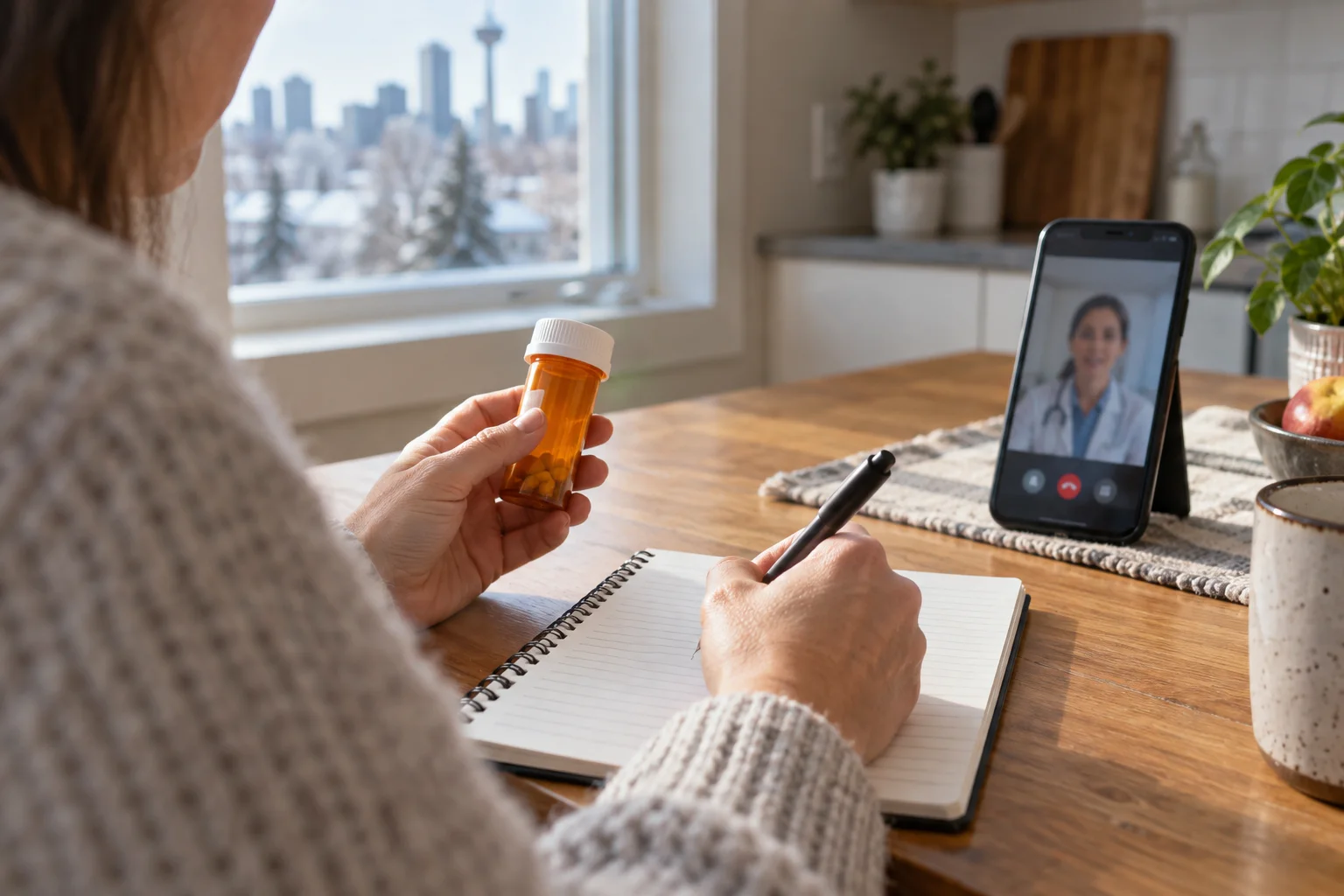 Calgary patient preparing medication details for an online refill visit