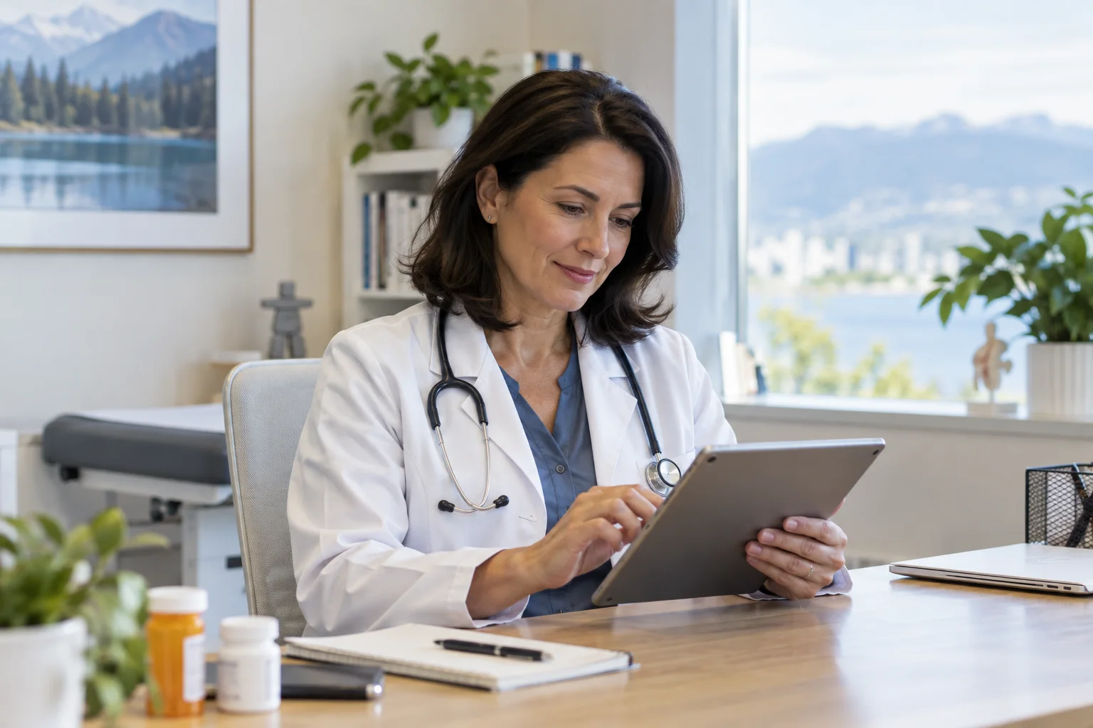 Canadian licensed doctor reviewing medication and monitoring details with an Edmonton patient