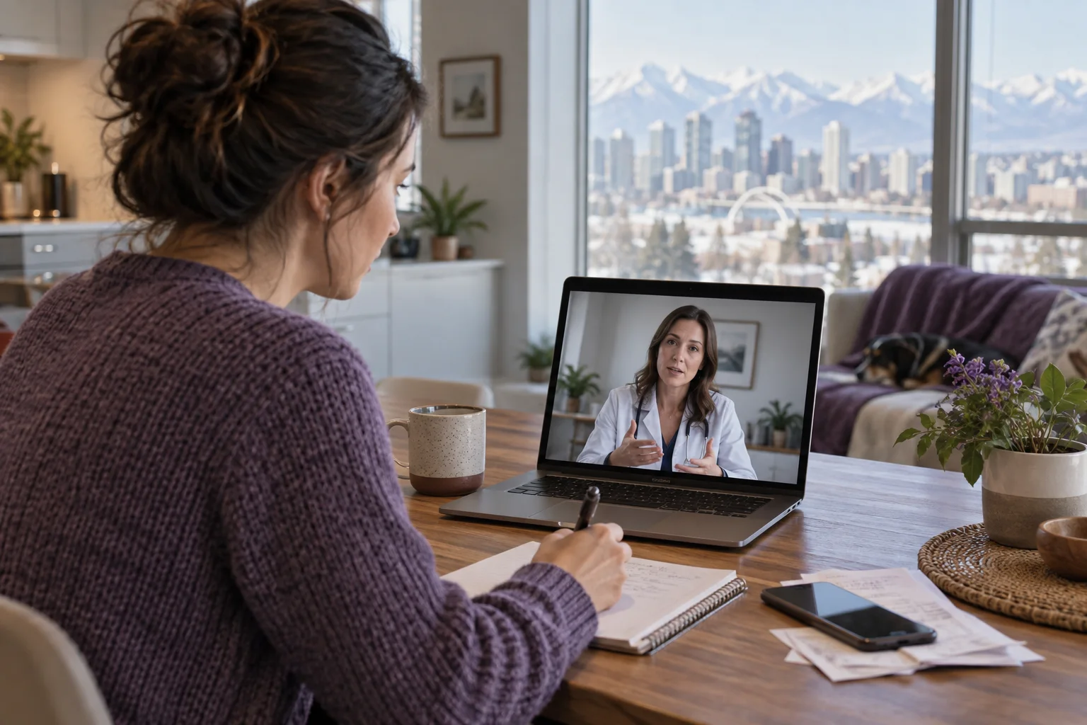 Edmonton doctor reviewing an antibiotic plan during a virtual UTI appointment