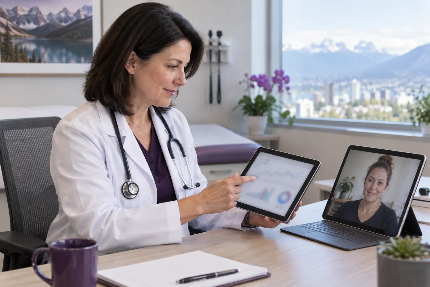 Calgary doctor reviewing information during an online weight-loss appointment