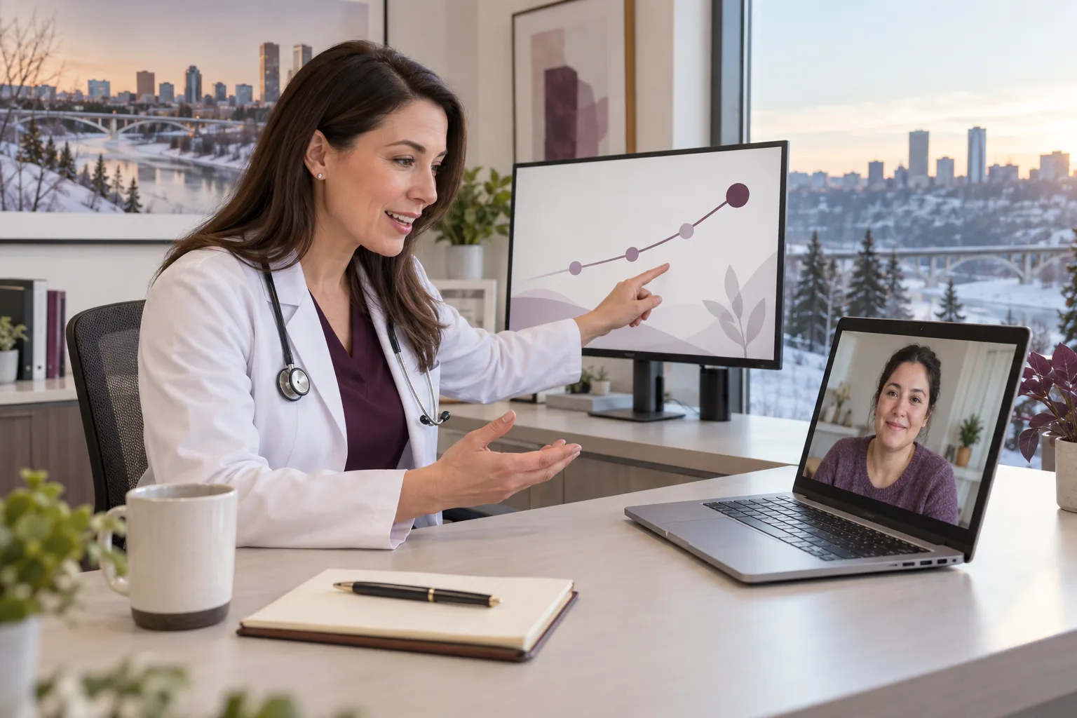 Doctor explaining an online medical weight loss treatment plan in Edmonton